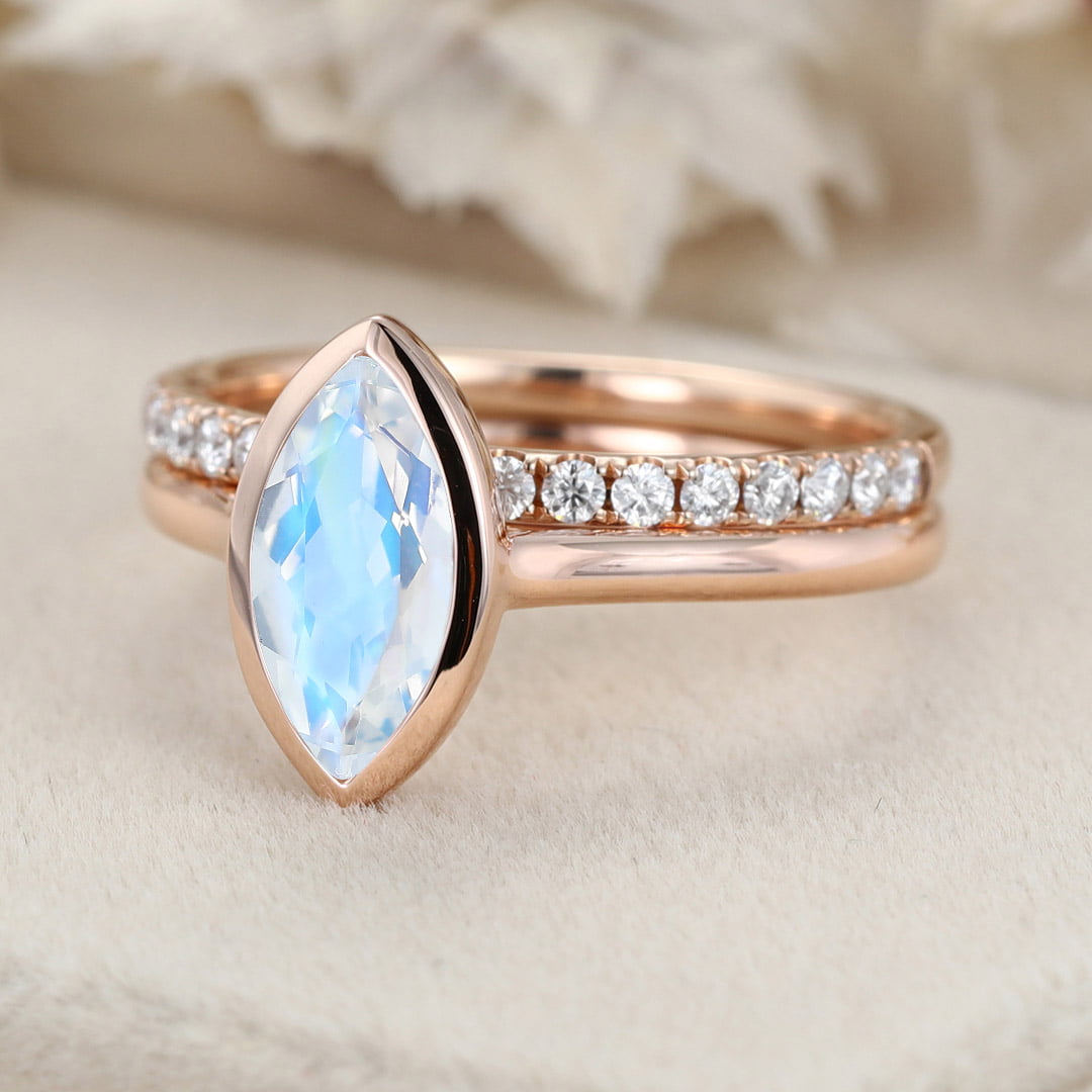 10x5mm Marquise Cut Moonstone Ring Bezel Rose Gold Moonstone Engagement Ring Set Half Eternity Diamond Wedding Ring