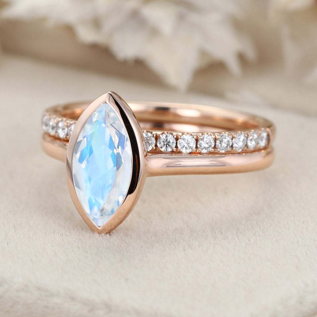 10x5mm Marquise Cut Moonstone Ring Bezel Rose Gold Moonstone Engagement Ring Set Half Eternity Diamond Wedding Ring