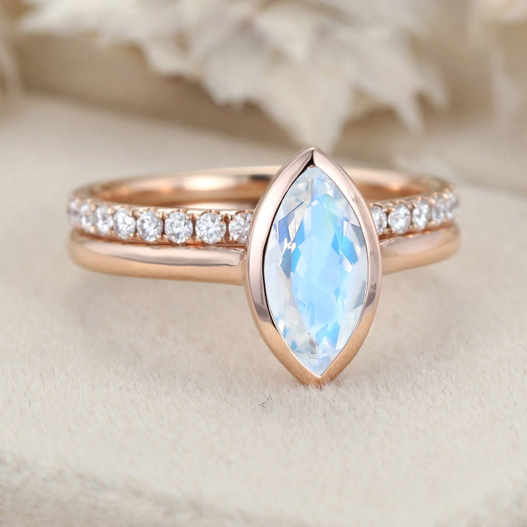10x5mm Marquise Cut Moonstone Ring Bezel Rose Gold Moonstone Engagement Ring Set Half Eternity Diamond Wedding Ring