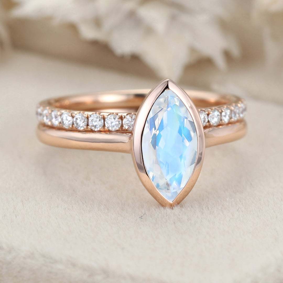 10x5mm Marquise Cut Moonstone Ring Bezel Rose Gold Moonstone Engagement Ring Set Half Eternity Diamond Wedding Ring