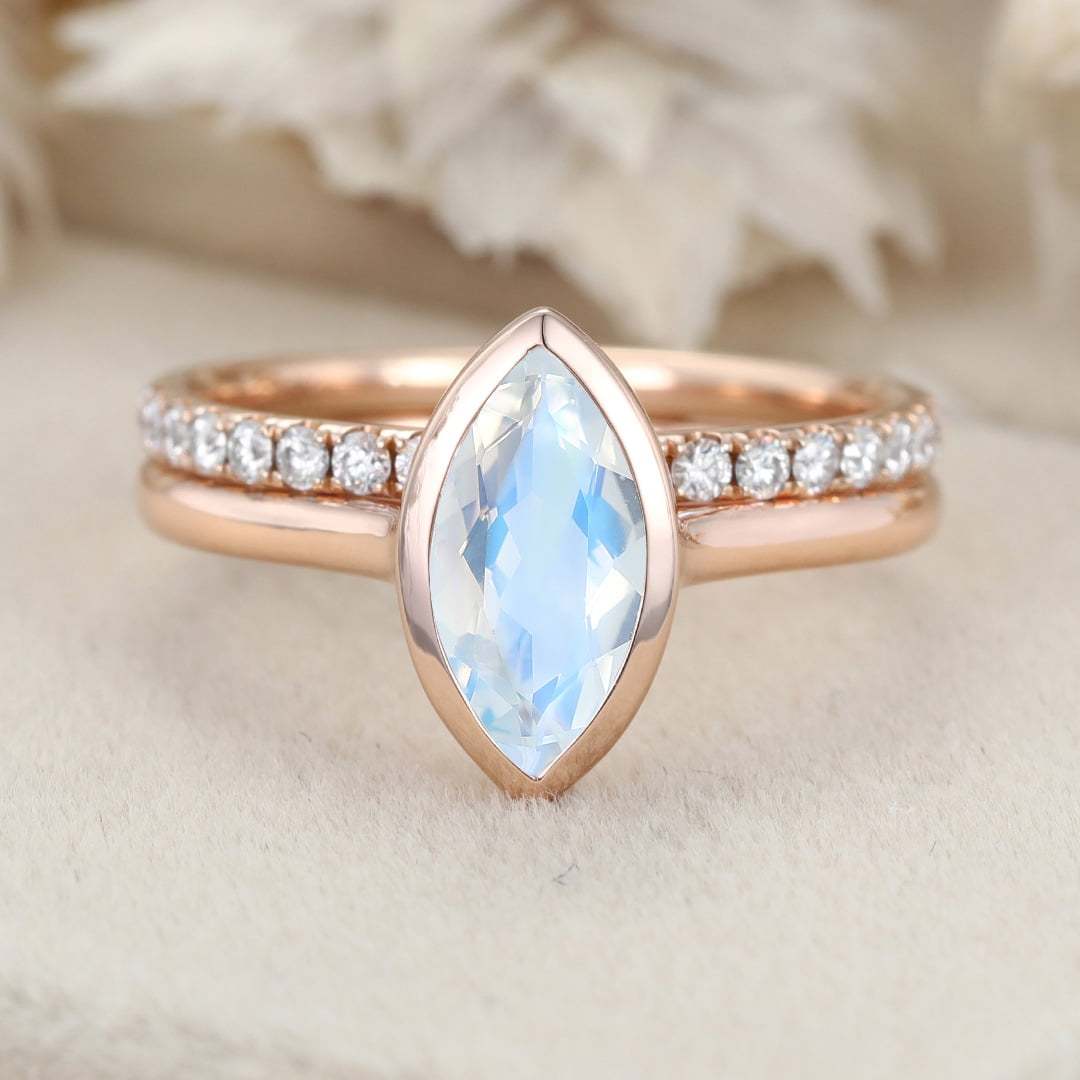 10x5mm Marquise Cut Moonstone Ring Bezel Rose Gold Moonstone Engagement Ring Set Half Eternity Diamond Wedding Ring