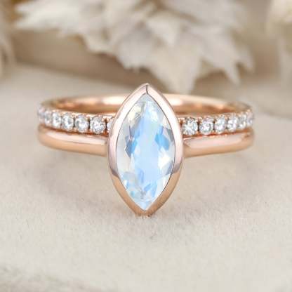 10x5mm Marquise Cut Moonstone Ring Bezel Rose Gold Moonstone Engagement Ring Set Half Eternity Diamond Wedding Ring