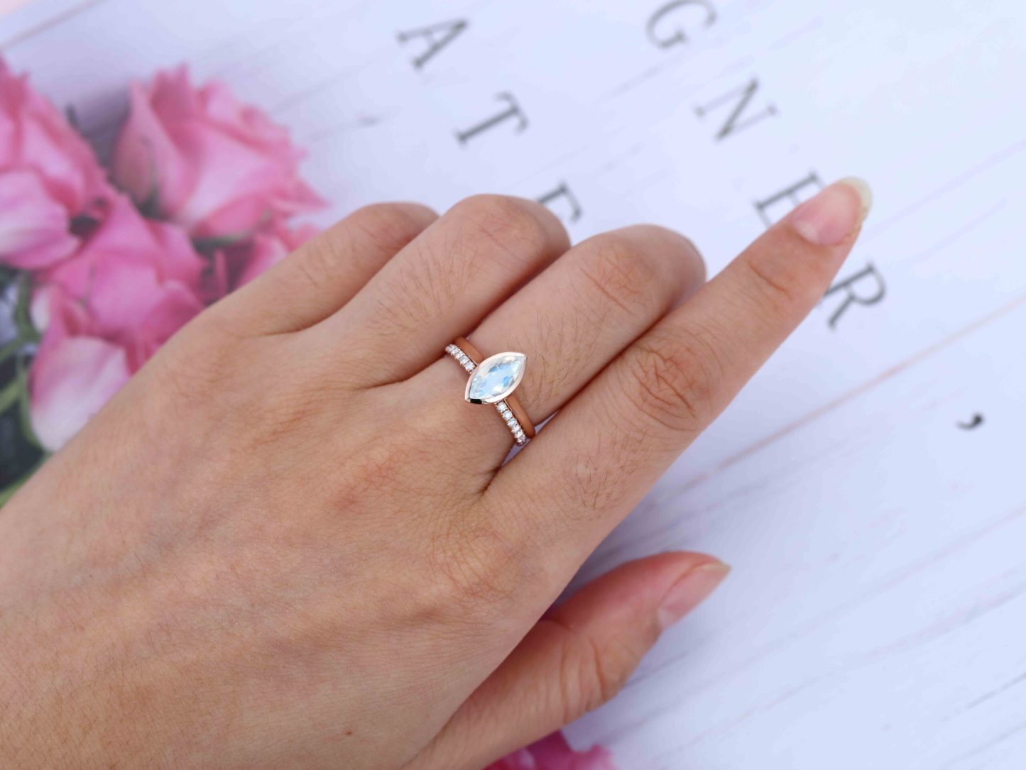 10x5mm Marquise Cut Moonstone Ring Bezel Rose Gold Moonstone Engagement Ring Set Half Eternity Diamond Wedding Ring