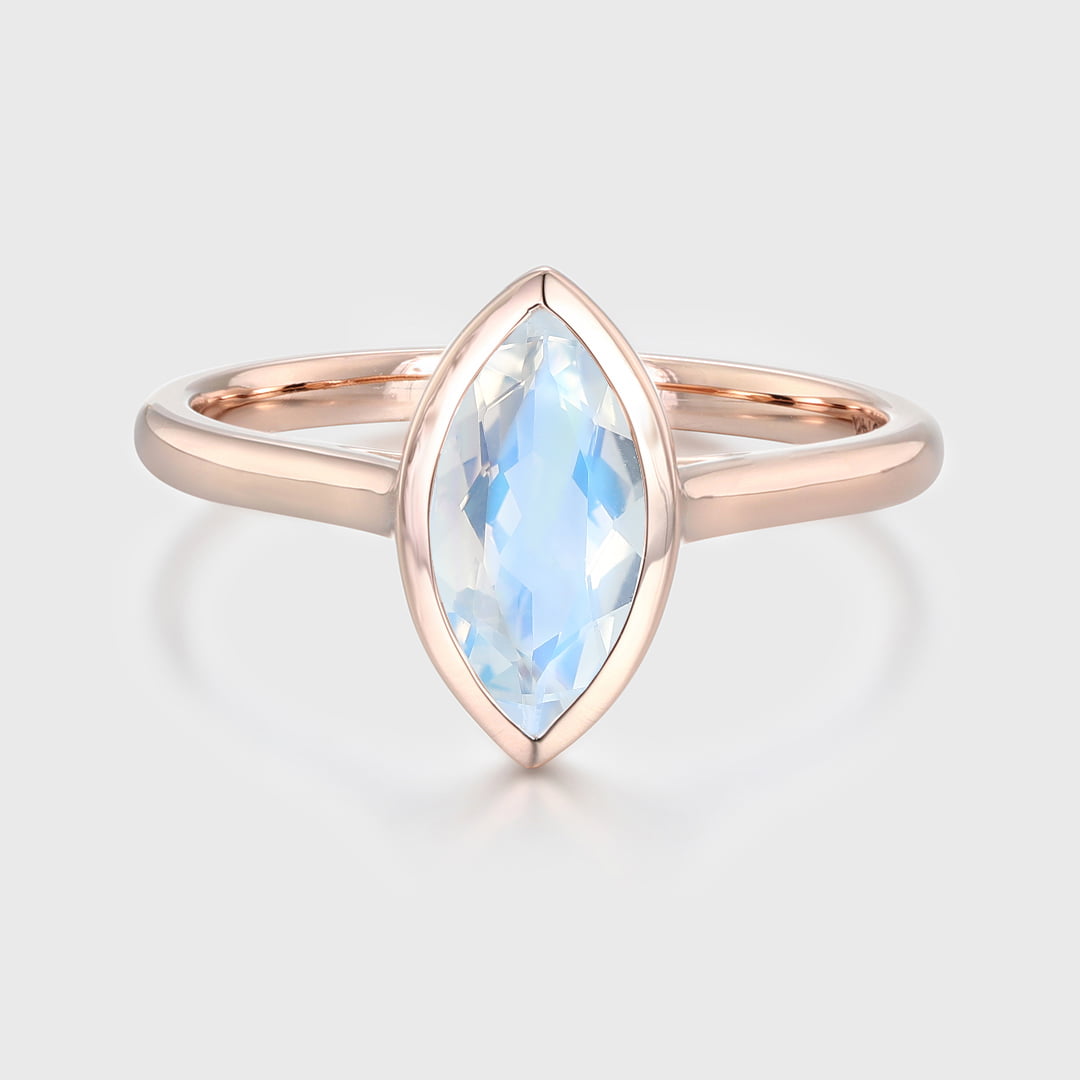 10x5mm Marquise Cut Moonstone Ring Bezel Set Solitaire Ring 14K Rose Gold Bezel Engagement Ring