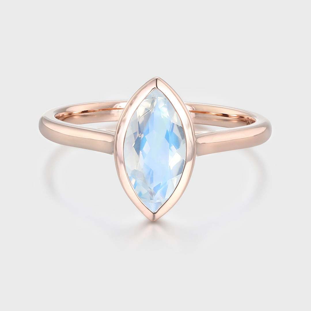 10x5mm Marquise Cut Moonstone Ring Bezel Set Solitaire Ring 14K Rose Gold Bezel Engagement Ring