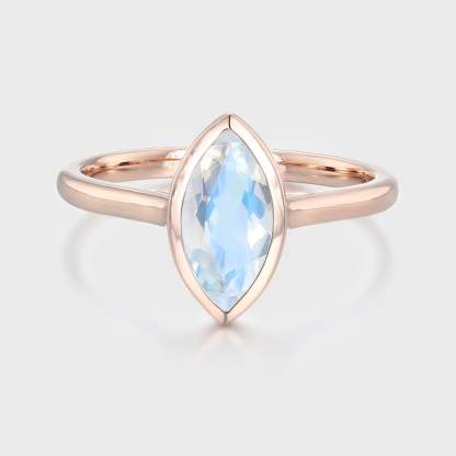 10x5mm Marquise Cut Moonstone Ring Bezel Set Solitaire Ring 14K Rose Gold Bezel Engagement Ring