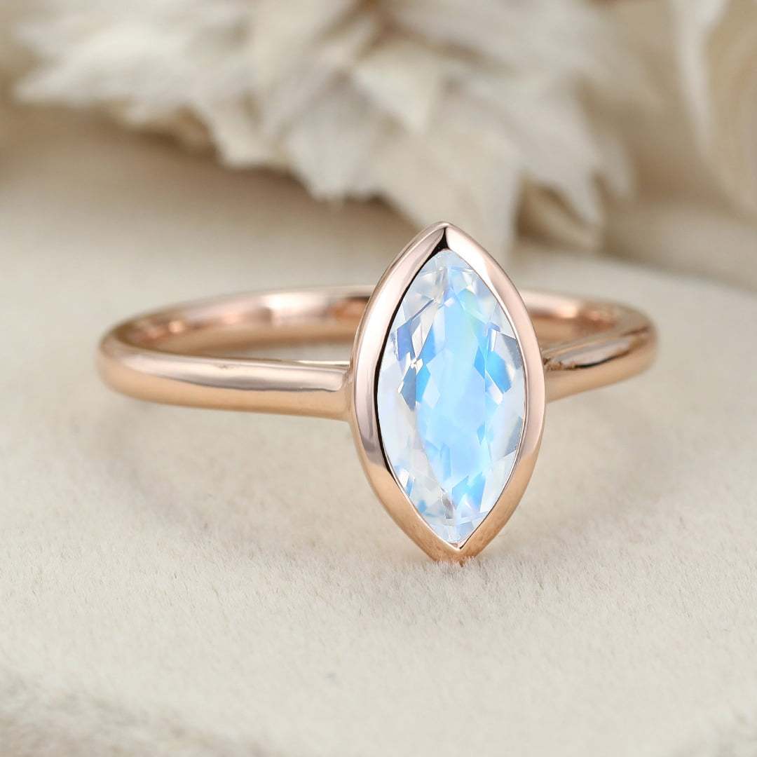 10x5mm Marquise Cut Moonstone Ring Bezel Set Solitaire Ring 14K Rose Gold Bezel Engagement Ring