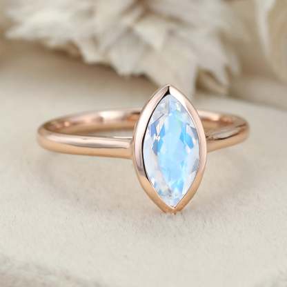 10x5mm Marquise Cut Moonstone Ring Bezel Set Solitaire Ring 14K Rose Gold Bezel Engagement Ring