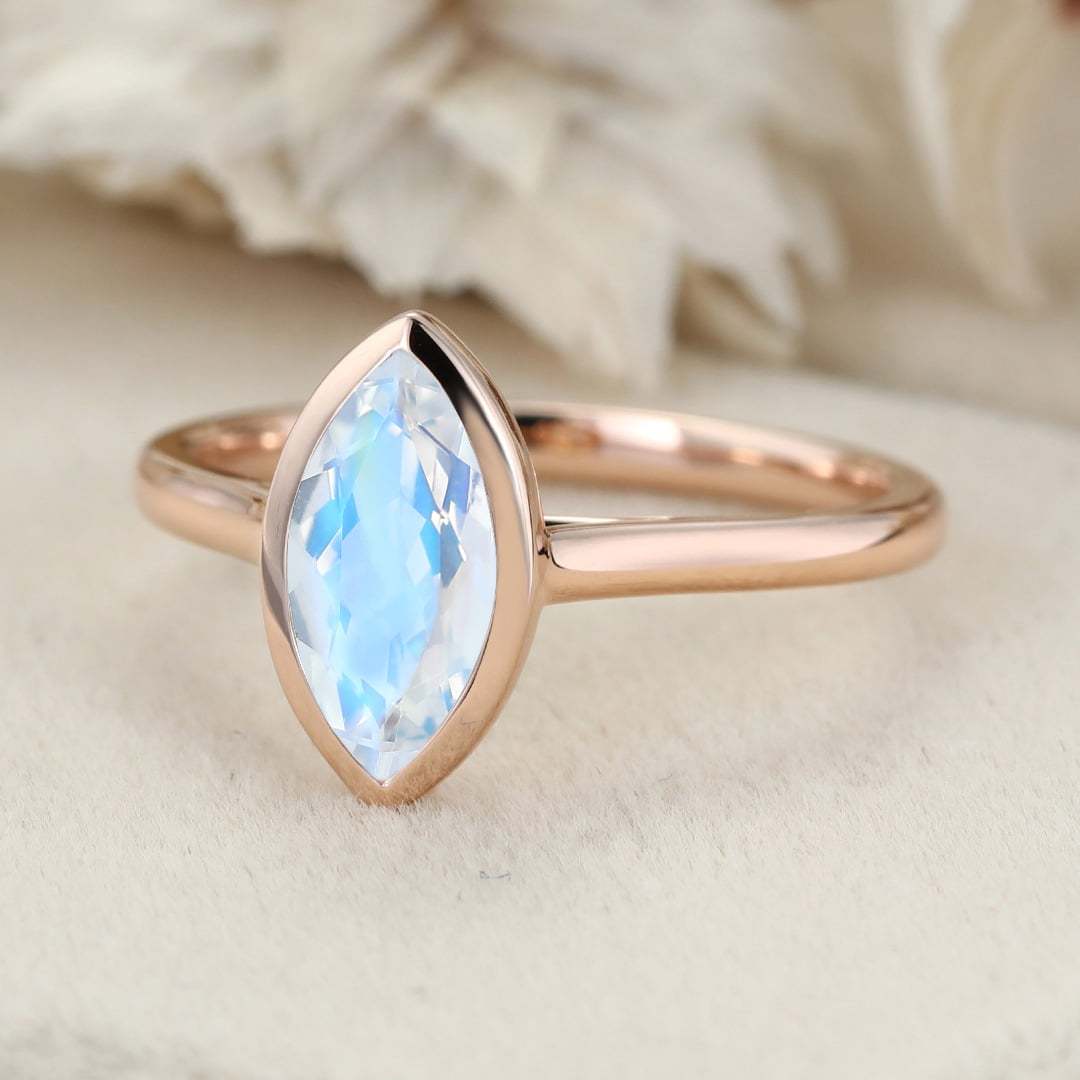 10x5mm Marquise Cut Moonstone Ring Bezel Set Solitaire Ring 14K Rose Gold Bezel Engagement Ring
