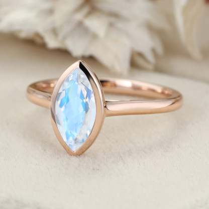 10x5mm Marquise Cut Moonstone Ring Bezel Set Solitaire Ring 14K Rose Gold Bezel Engagement Ring