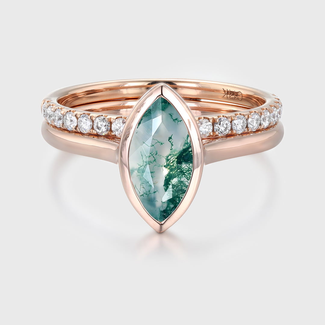 10x5mm Marquise Cut Natural Moss Agate Ring Bezel 14K Rose Gold Moss Agate Engagement Ring Set Half Eternity Moissanite Wedding Ring