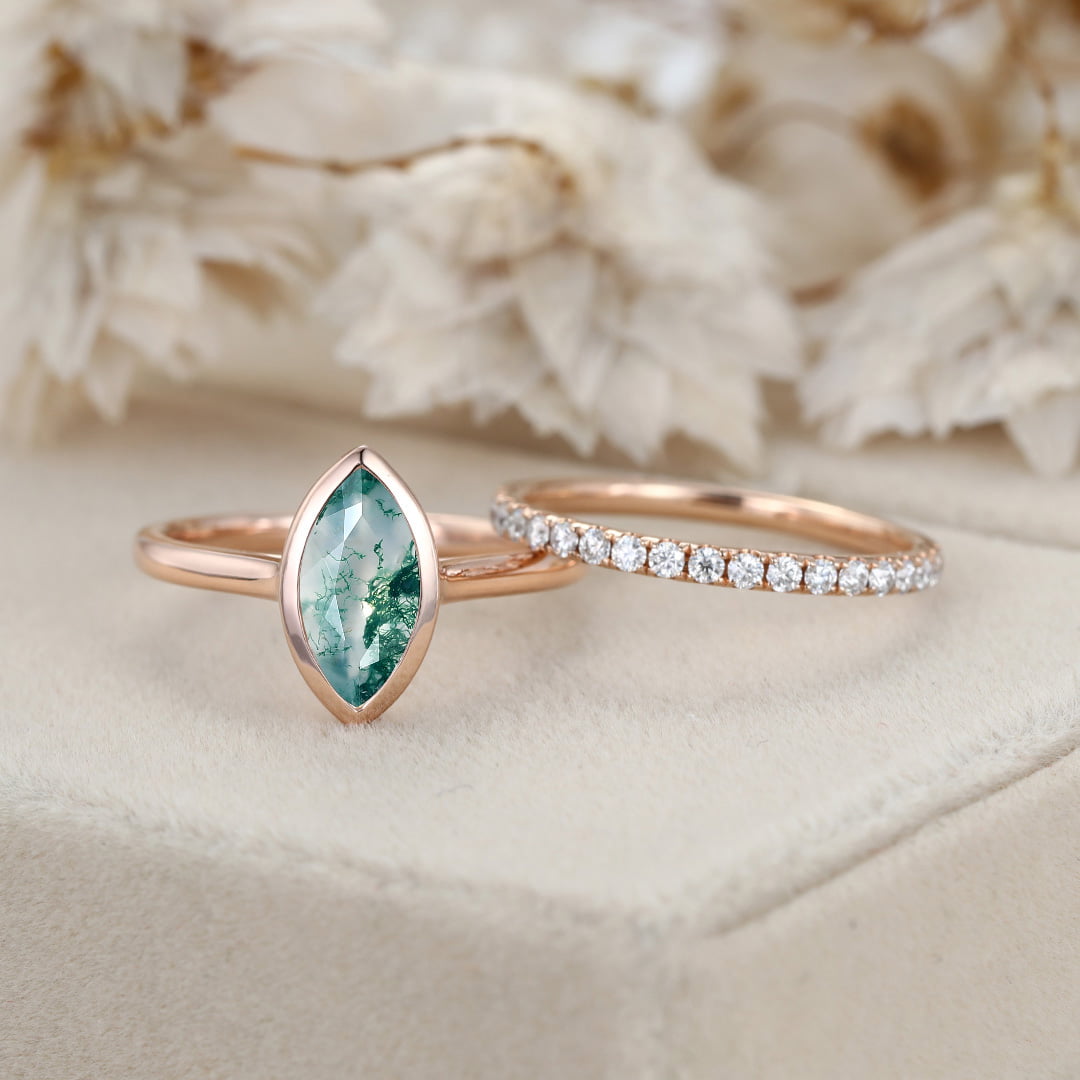 10x5mm Marquise Cut Natural Moss Agate Ring Bezel 14K Rose Gold Moss Agate Engagement Ring Set Half Eternity Moissanite Wedding Ring