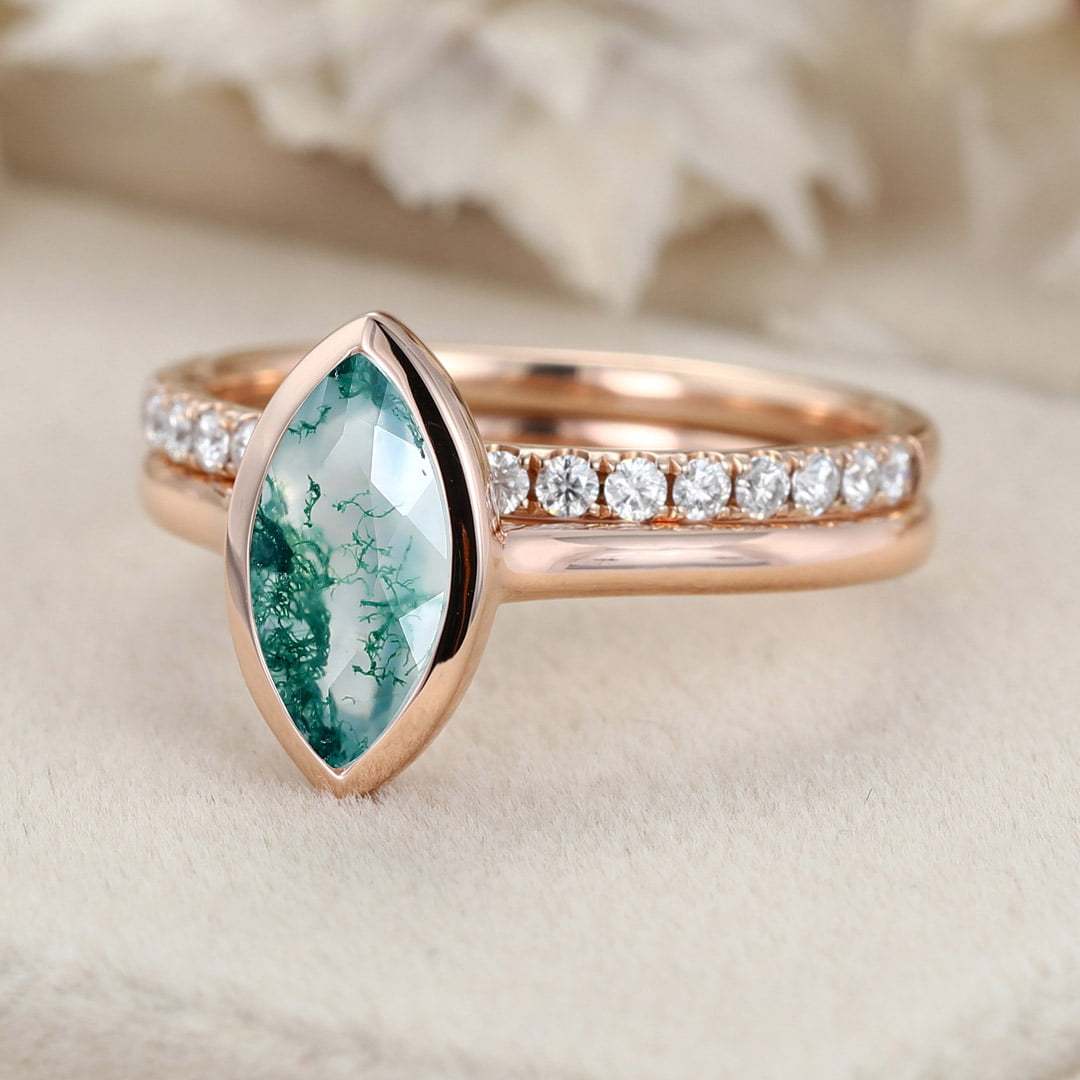 10x5mm Marquise Cut Natural Moss Agate Ring Bezel 14K Rose Gold Moss Agate Engagement Ring Set Half Eternity Moissanite Wedding Ring