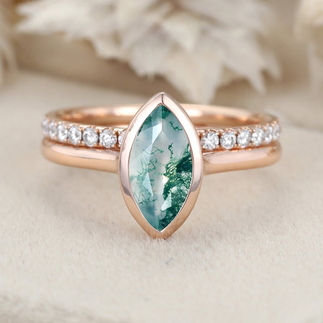 10x5mm Marquise Cut Natural Moss Agate Ring Bezel 14K Rose Gold Moss Agate Engagement Ring Set Half Eternity Moissanite Wedding Ring