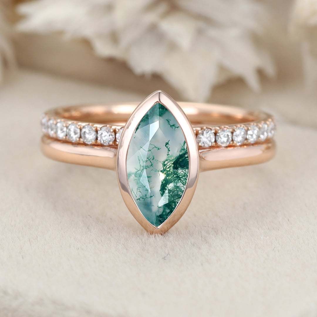 10x5mm Marquise Cut Natural Moss Agate Ring Bezel 14K Rose Gold Moss Agate Engagement Ring Set Half Eternity Moissanite Wedding Ring