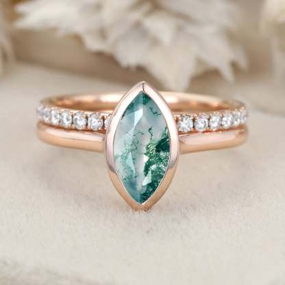 10x5mm Marquise Cut Natural Moss Agate Ring Bezel 14K Rose Gold Moss Agate Engagement Ring Set Half Eternity Moissanite Wedding Ring