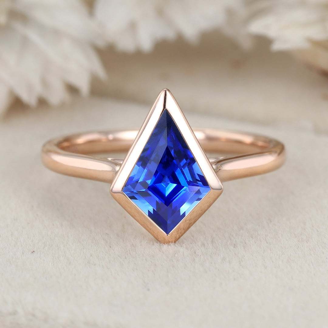 10x7mm Kite Cut Bezel Lab Sapphire Engagement Ring Vintage Rose Gold Ring Wedding Bridal Anniversary Gift For Her