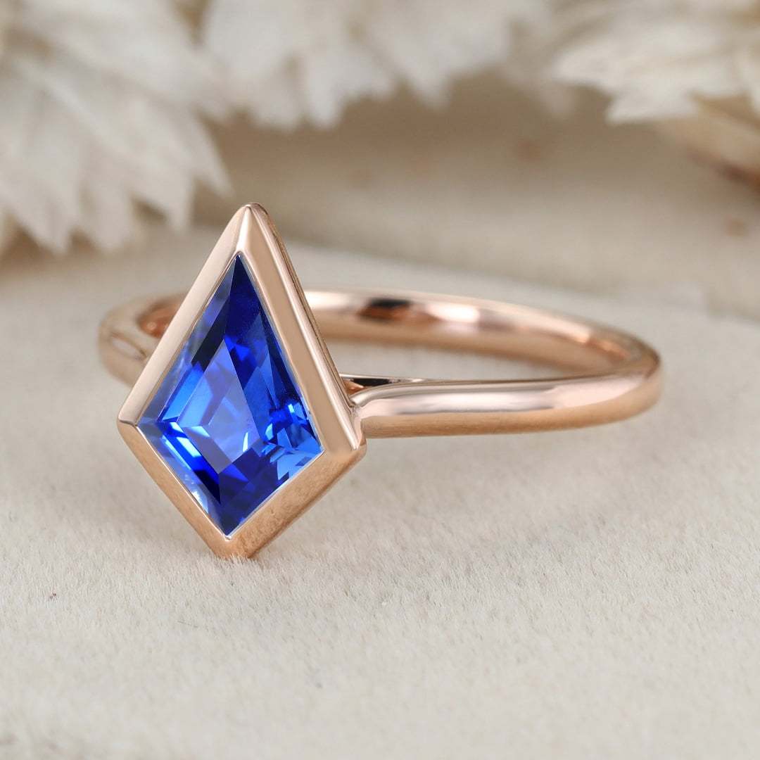 10x7mm Kite Cut Bezel Lab Sapphire Engagement Ring Vintage Rose Gold Ring Wedding Bridal Anniversary Gift For Her