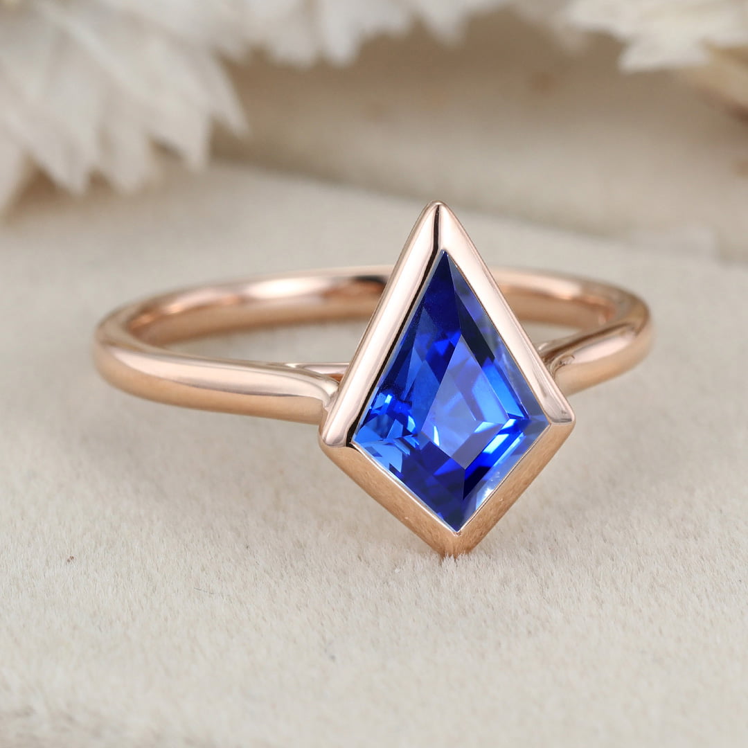 10x7mm Kite Cut Bezel Lab Sapphire Engagement Ring Vintage Rose Gold Ring Wedding Bridal Anniversary Gift For Her