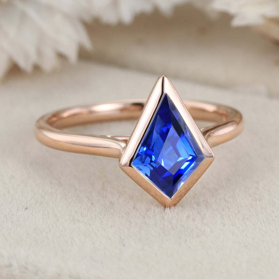 10x7mm Kite Cut Bezel Lab Sapphire Engagement Ring Vintage Rose Gold Ring Wedding Bridal Anniversary Gift For Her