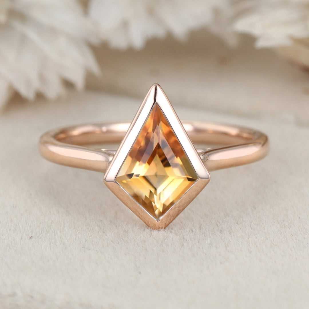 10x7mm Kite Cut Citrine Engagement Ring Vintage 14K Rose Gold Bezel Citrine Ring November Birthstone Ring Wedding Bridal Ring