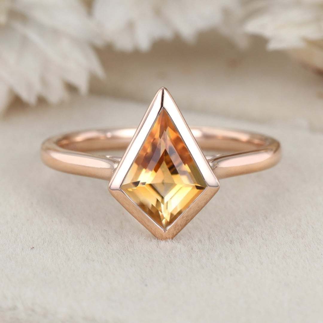 10x7mm Kite Cut Citrine Engagement Ring Vintage 14K Rose Gold Bezel Citrine Ring November Birthstone Ring Wedding Bridal Ring
