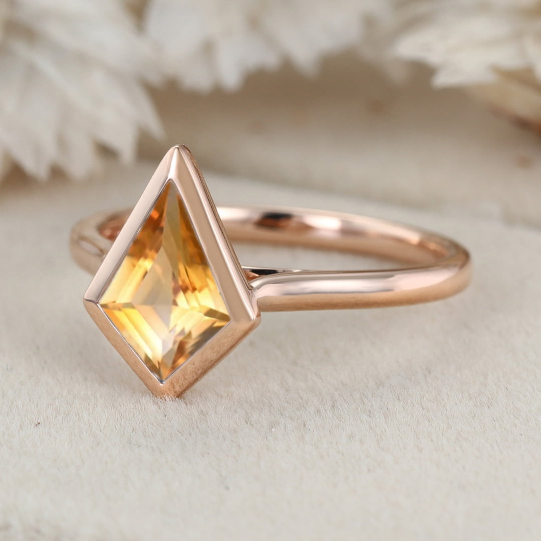 10x7mm Kite Cut Citrine Engagement Ring Vintage 14K Rose Gold Bezel Citrine Ring November Birthstone Ring Wedding Bridal Ring