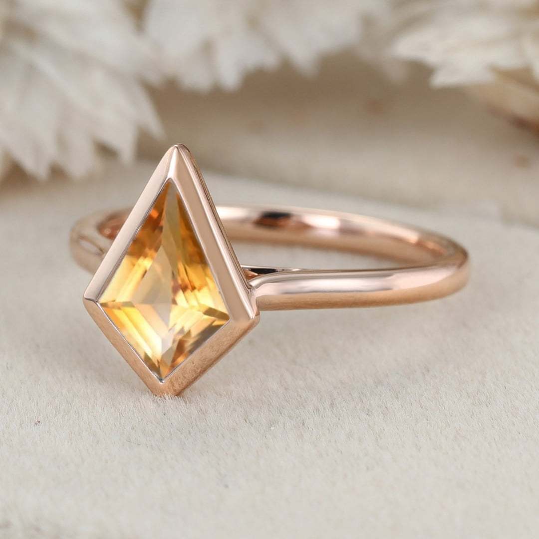 10x7mm Kite Cut Citrine Engagement Ring Vintage 14K Rose Gold Bezel Citrine Ring November Birthstone Ring Wedding Bridal Ring