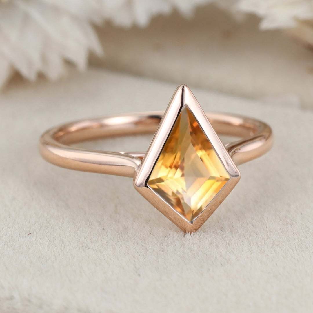 10x7mm Kite Cut Citrine Engagement Ring Vintage 14K Rose Gold Bezel Citrine Ring November Birthstone Ring Wedding Bridal Ring