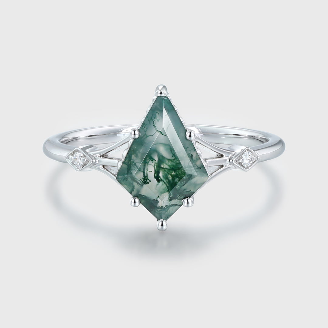 10x7mm Kite cut Moss Agate engagement ring in 14K White Gold