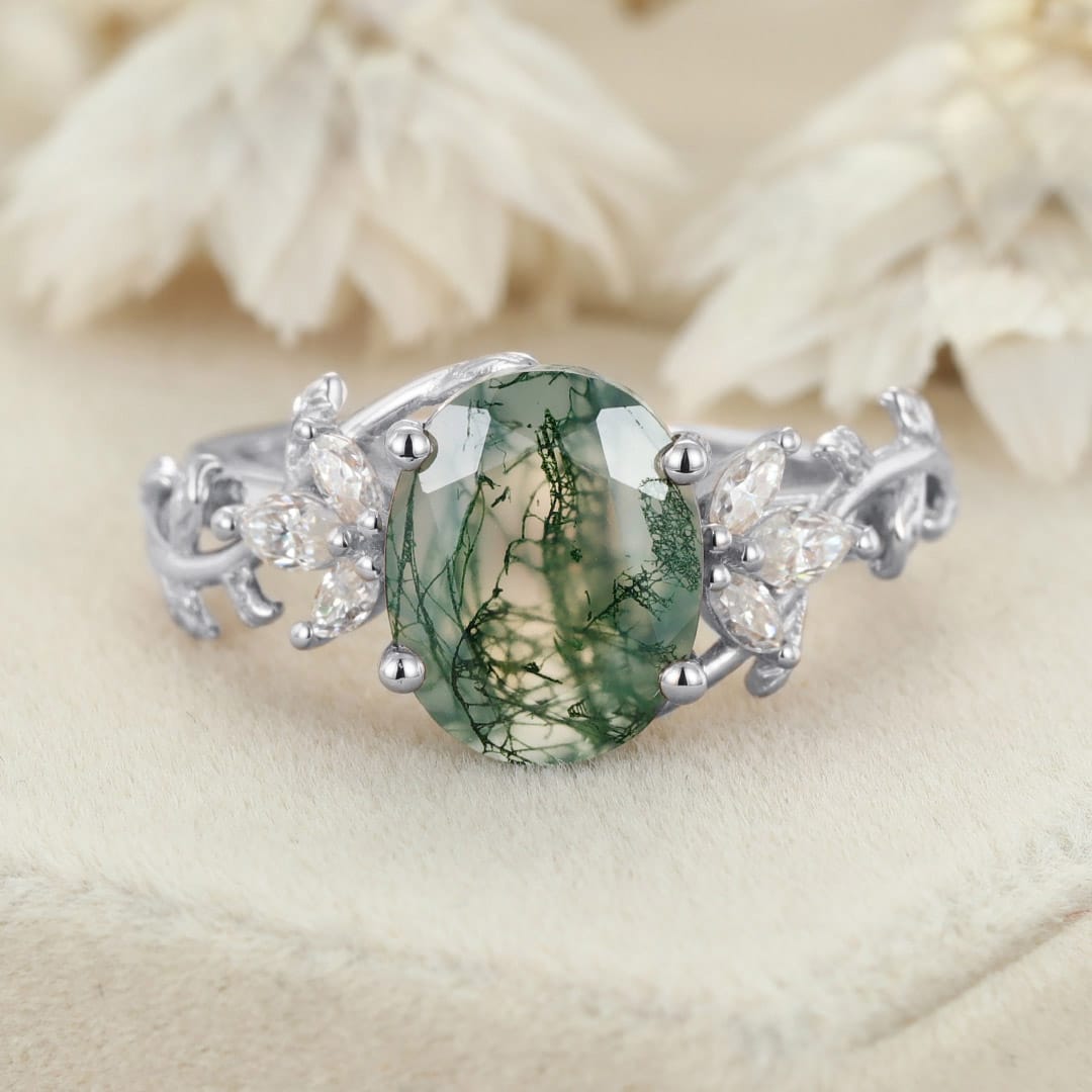 10x8mm Oval Shaped Moss agate engagement ring vintage 14K rose gold moissanite ring leaf cluster ring Bridal Anniversary gift