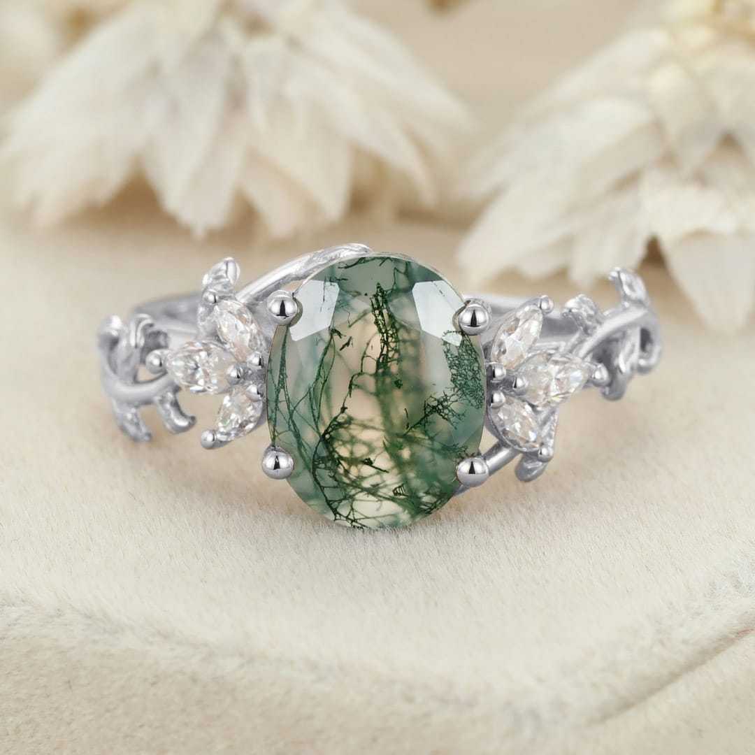 10x8mm Oval Shaped Moss agate engagement ring vintage 14K rose gold moissanite ring leaf cluster ring Bridal Anniversary gift