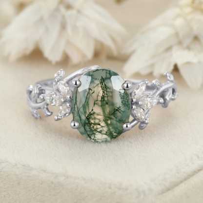 10x8mm Oval Shaped Moss agate engagement ring vintage 14K rose gold moissanite ring leaf cluster ring Bridal Anniversary gift
