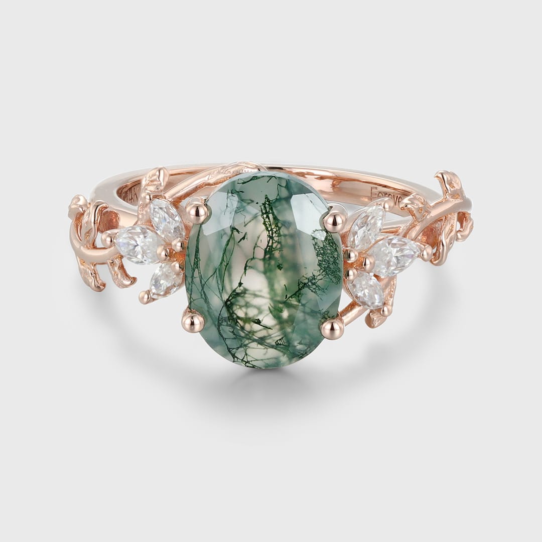 10x8mm Oval Shaped Moss agate engagement ring vintage 14K rose gold moissanite ring leaf cluster ring Bridal Anniversary gift