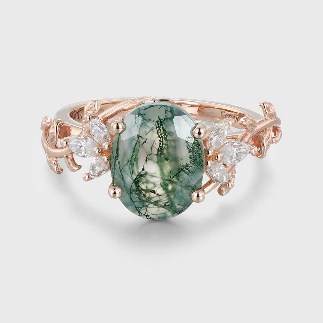 10x8mm Oval Shaped Moss agate engagement ring vintage 14K rose gold moissanite ring leaf cluster ring Bridal Anniversary gift
