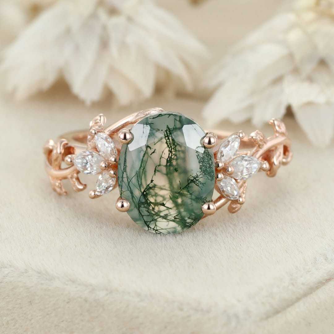 10x8mm Oval Shaped Moss agate engagement ring vintage 14K rose gold moissanite ring leaf cluster ring Bridal Anniversary gift
