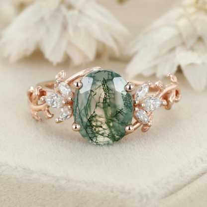 10x8mm Oval Shaped Moss agate engagement ring vintage 14K rose gold moissanite ring leaf cluster ring Bridal Anniversary gift