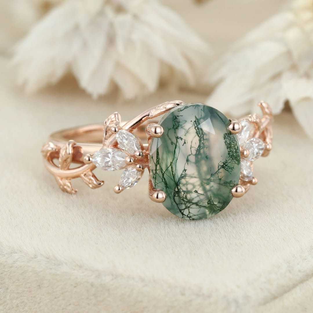 10x8mm Oval Shaped Moss agate engagement ring vintage 14K rose gold moissanite ring leaf cluster ring Bridal Anniversary gift