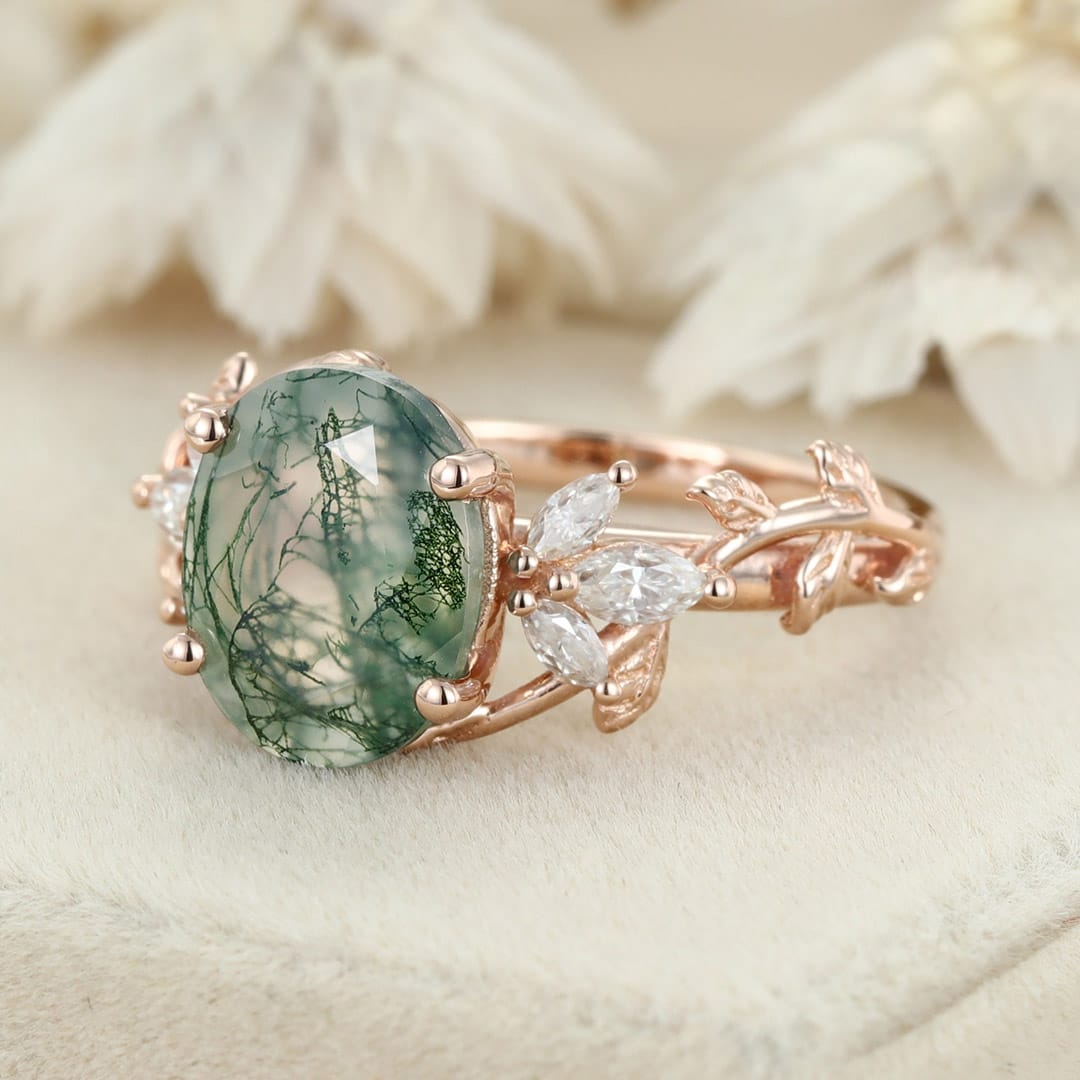 10x8mm Oval Shaped Moss agate engagement ring vintage 14K rose gold moissanite ring leaf cluster ring Bridal Anniversary gift