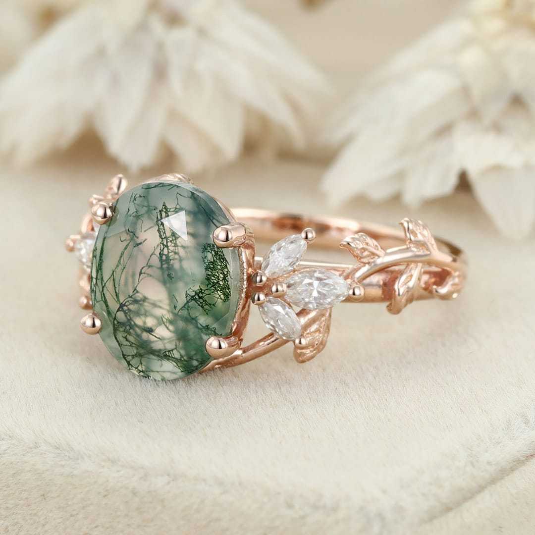 10x8mm Oval Shaped Moss agate engagement ring vintage 14K rose gold moissanite ring leaf cluster ring Bridal Anniversary gift