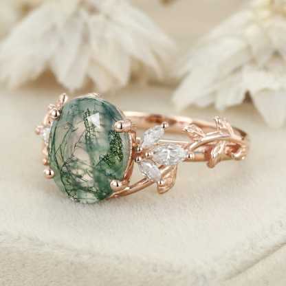 10x8mm Oval Shaped Moss agate engagement ring vintage 14K rose gold moissanite ring leaf cluster ring Bridal Anniversary gift