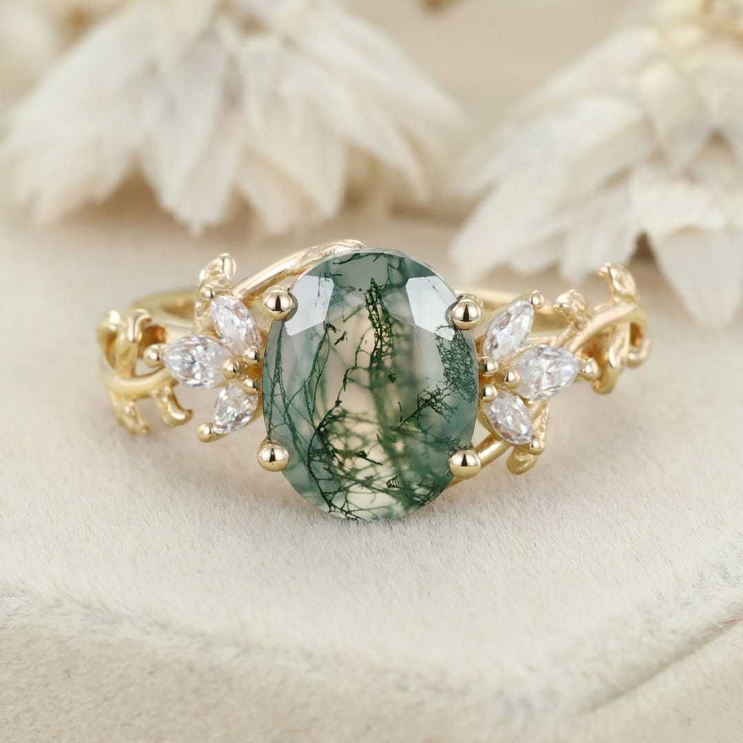 10x8mm Oval Shaped Moss agate engagement ring vintage 14K rose gold moissanite ring leaf cluster ring Bridal Anniversary gift