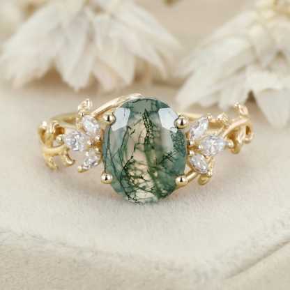 10x8mm Oval Shaped Moss agate engagement ring vintage 14K rose gold moissanite ring leaf cluster ring Bridal Anniversary gift