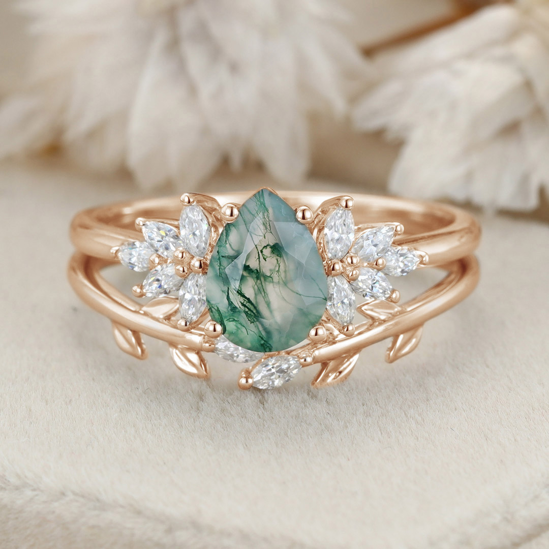 Natural Moss Agate Pear cut Engagement ring Bridal Sets