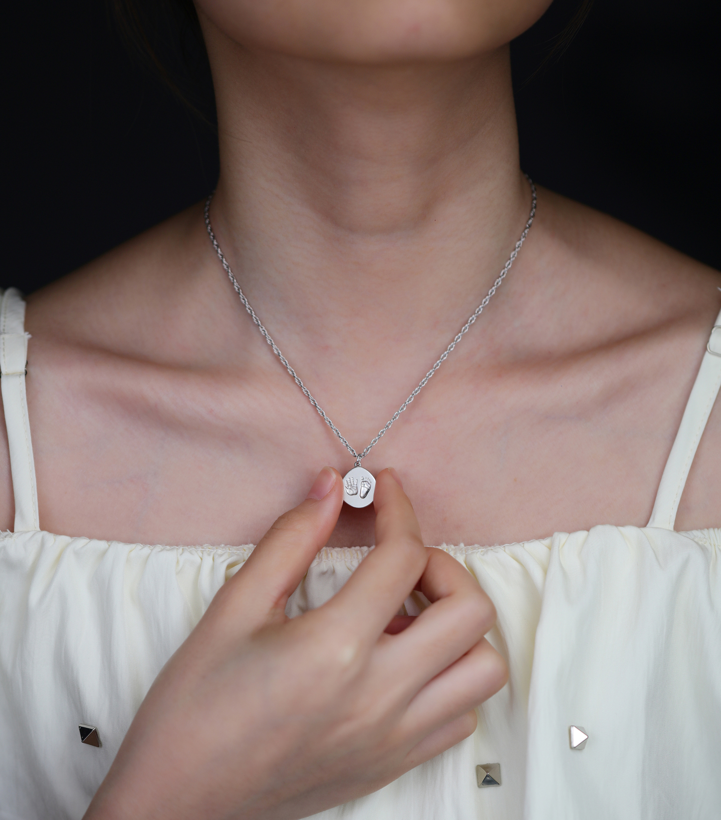 Customized Birthday Palm and Footprint Oval Pendant Necklace - Gold or Silver Plated - An exquisite gift for women, moms and kids