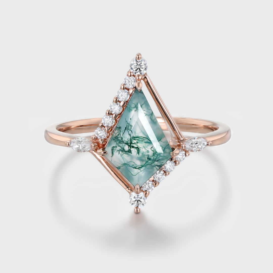 14K Rose Gold Engagement Ring Kite Cut Natural Moss Agate Ring Marquise Diamond Ring Women's Anniversary Gift
