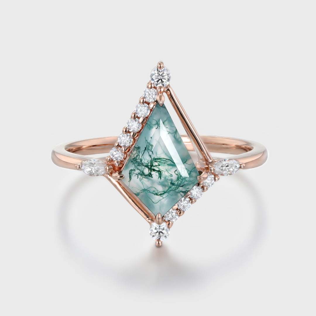 14K Rose Gold Engagement Ring Kite Cut Natural Moss Agate Ring Marquise Diamond Ring Women's Anniversary Gift