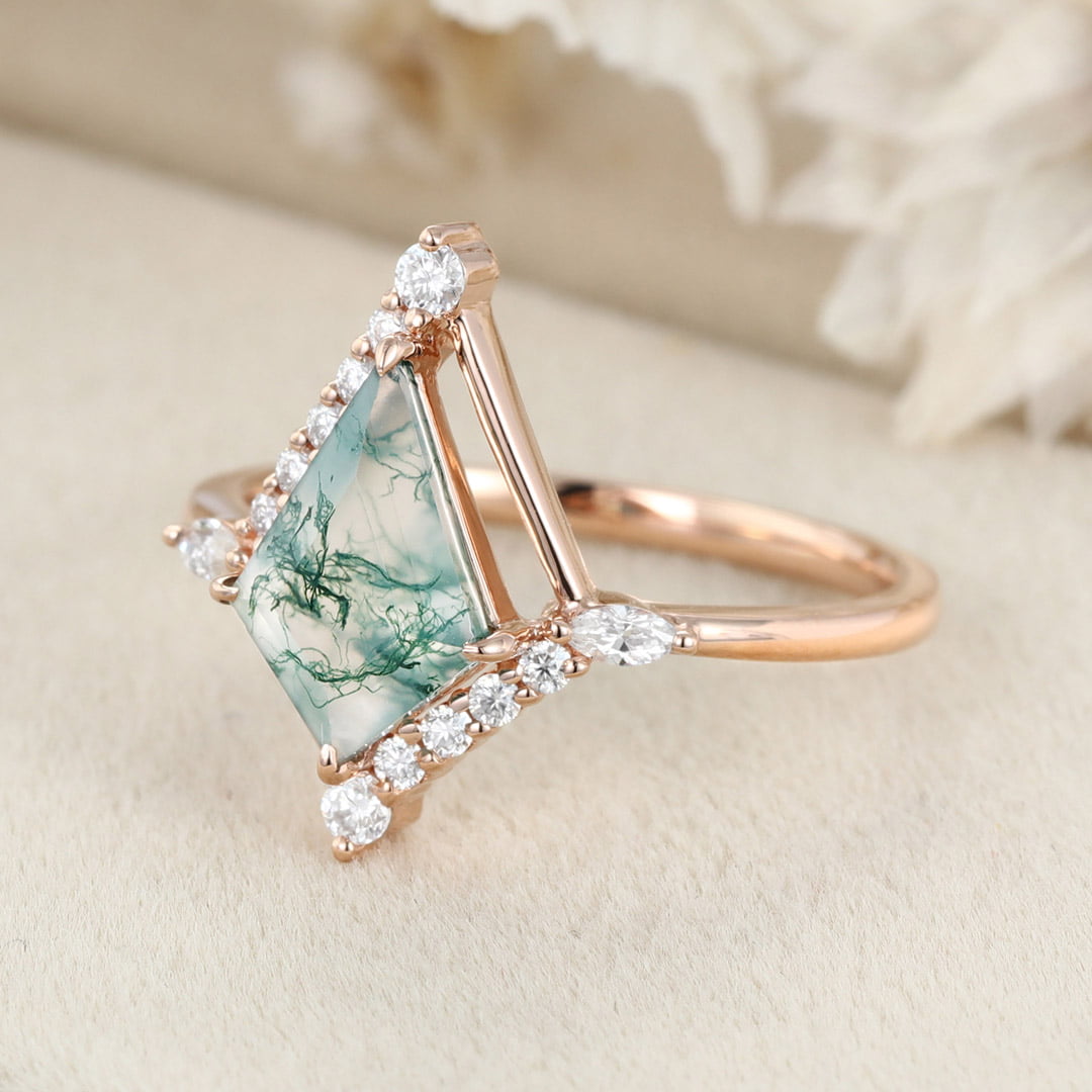 14K Rose Gold Engagement Ring Kite Cut Natural Moss Agate Ring Marquise Diamond Ring Women's Anniversary Gift