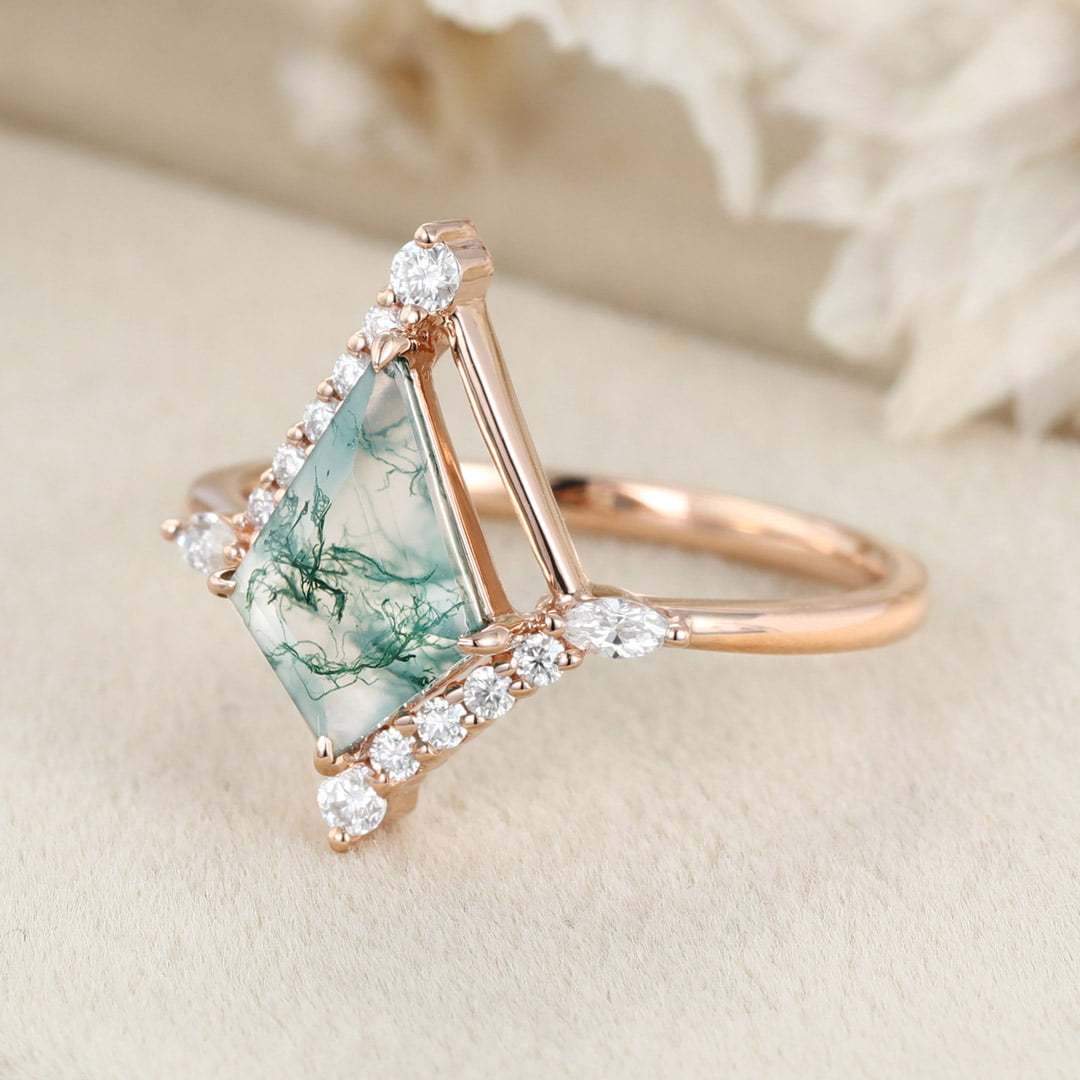 14K Rose Gold Engagement Ring Kite Cut Natural Moss Agate Ring Marquise Diamond Ring Women's Anniversary Gift