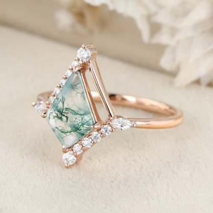14K Rose Gold Engagement Ring Kite Cut Natural Moss Agate Ring Marquise Diamond Ring Women's Anniversary Gift